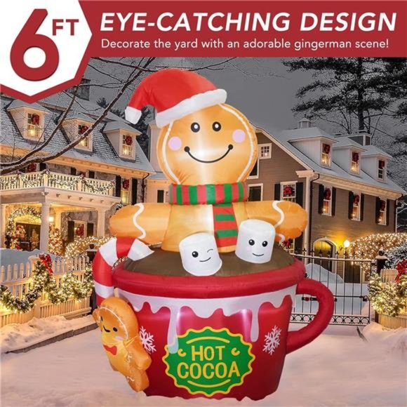 6 FT Christmas Inflatables Decoration Gingerbread Man in Hot Cocoa Mug Scene - Picture 2 of 6
